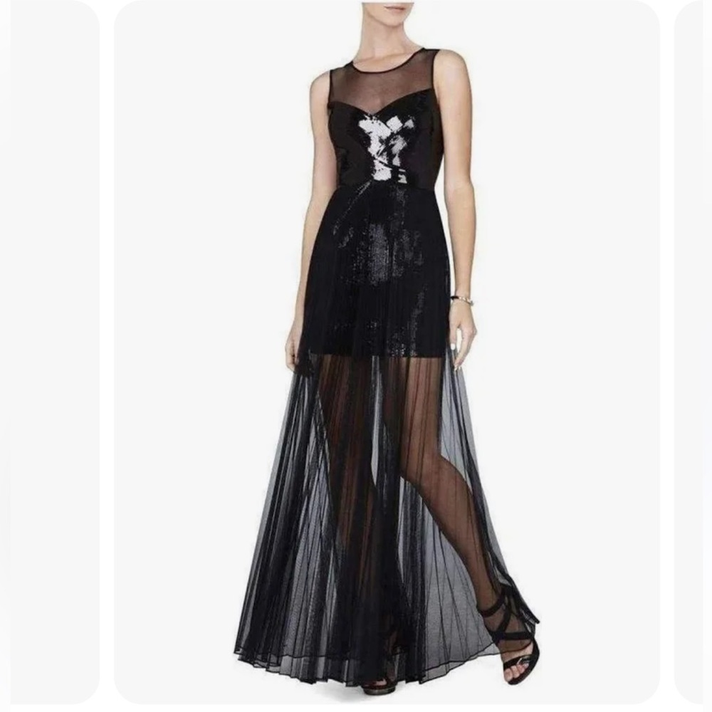 NWT BCBGMAXAZRIA Cynthia Black Sequined Corset Sheer Pleated Gown - Sz XXS